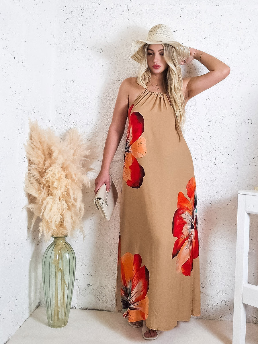 Abby Tie neck Maxi dress Camel | Diva Moda | Ireland  Divamoda.ie