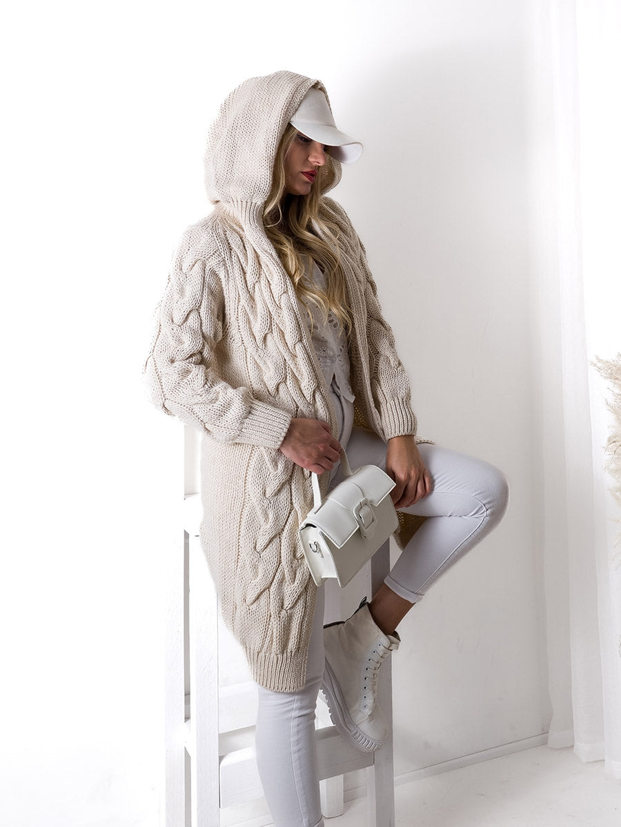 Ella Chunky knit hooded cardigan Beige