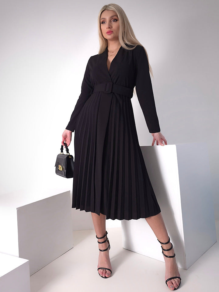 Black Pleated belted midi v neck dress Diva Moda Ireland Divamoda.ie