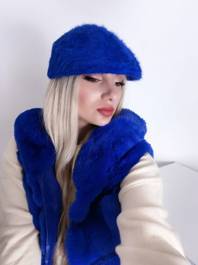 Faux fur fluffy beret hat Royal Blue