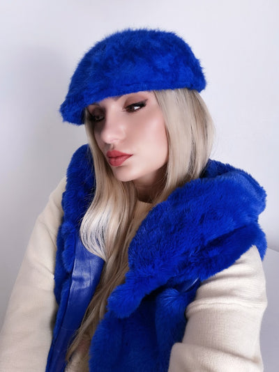 Faux fur fluffy beret hat Royal Blue