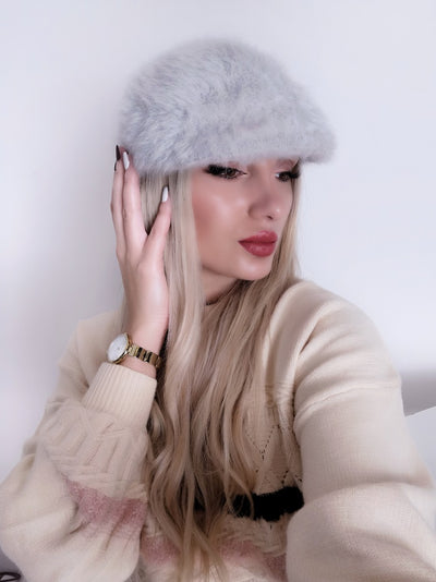 Faux fur fluffy beret hat Grey