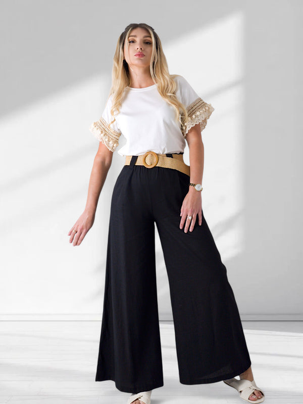 Black Linen wide leg belted trousers