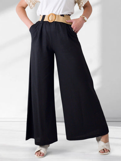 Black Linen wide leg belted trousers