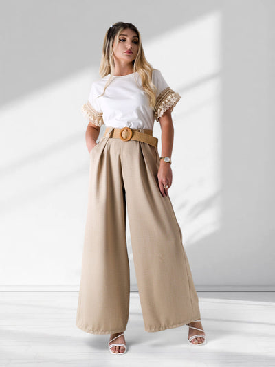 Natural wide leg belted trousers