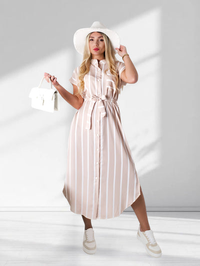 Sarah Tie waist stripe dress Beige