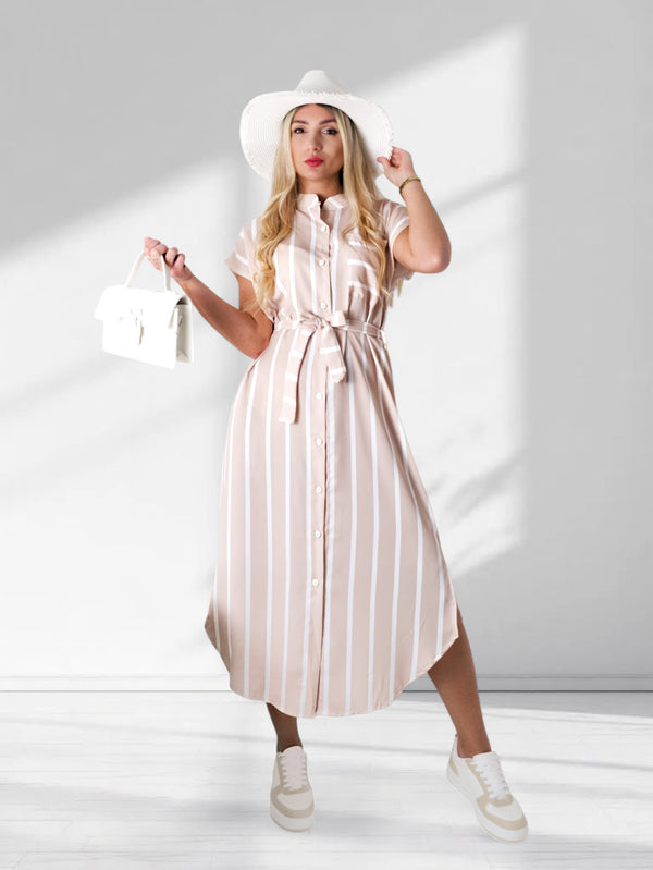 Sarah Tie waist stripe dress Beige