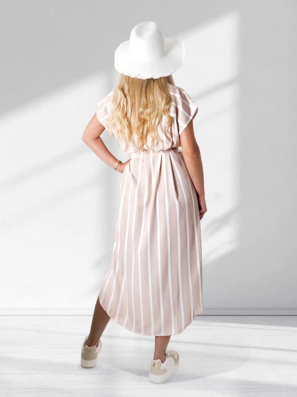 Sarah Tie waist stripe dress Beige
