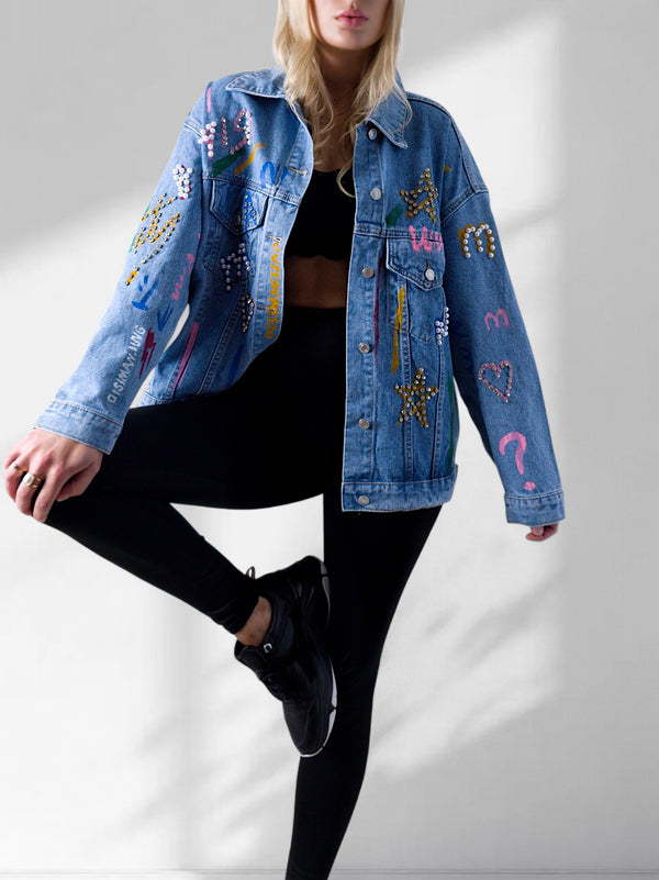 Daisy Printed pearl detail Denim Jacket Blue