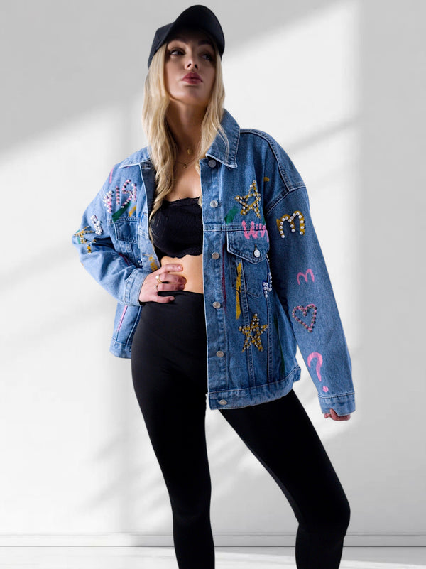 Daisy Printed pearl detail Denim Jacket Blue
