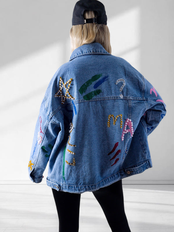 Daisy Printed pearl detail Denim Jacket Blue