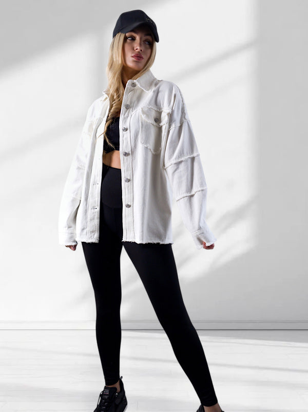 Crochet Back Denim shacket Cream-White