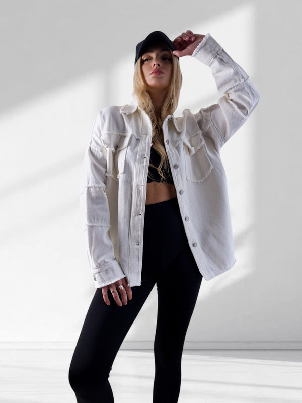 Crochet Back Denim shacket Cream-White