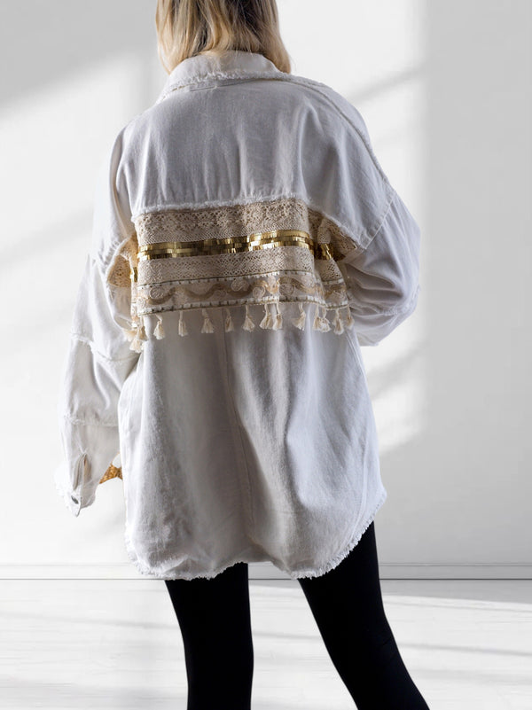 Crochet Back Denim shacket Cream-White