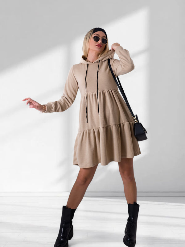 Lexi soft knit tiered hooded dress Beige