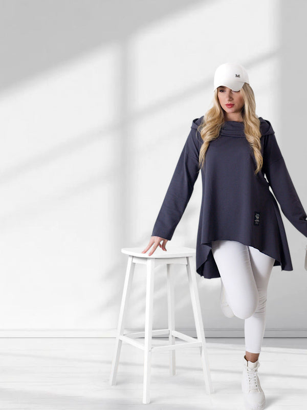Asymmetric oversize hooded Top Dark Grey