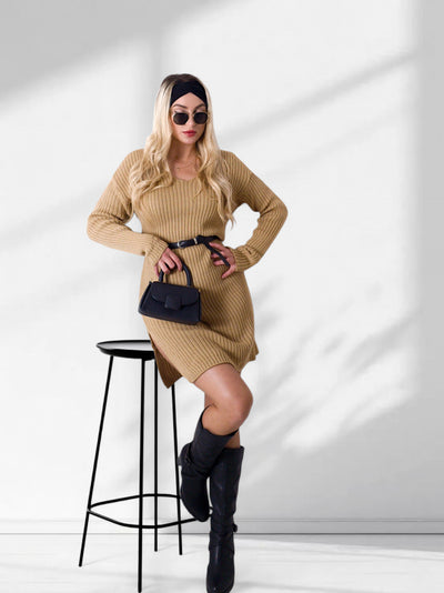 Sissy v-neck belted knitted dress Camel