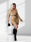 Sissy v-neck belted knitted dress Camel