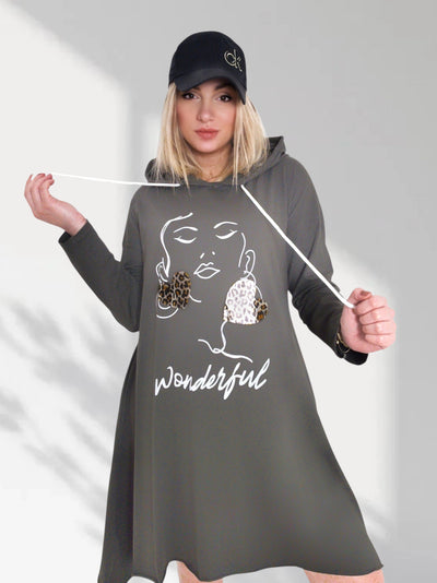 Face art and leo detail print jumper dress Khaki