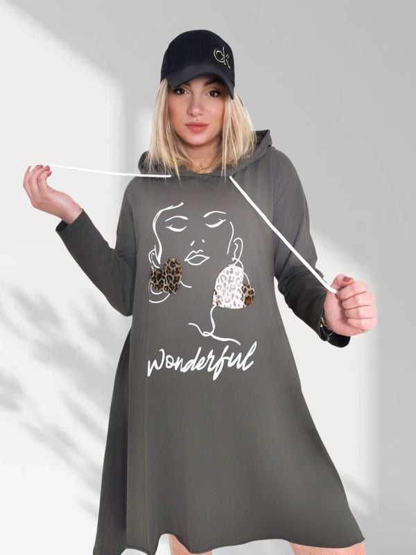 Face art and leo detail print jumper dress Khaki