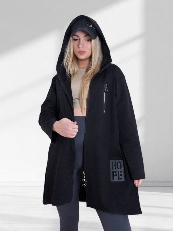 Hooded zipper cotton jacket Black