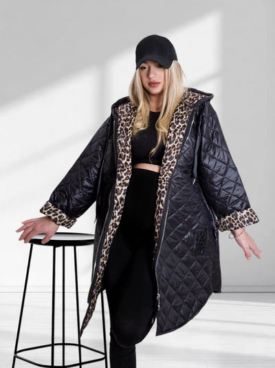 Black Leo detail Oversize Quilted hooded jacket Plus size