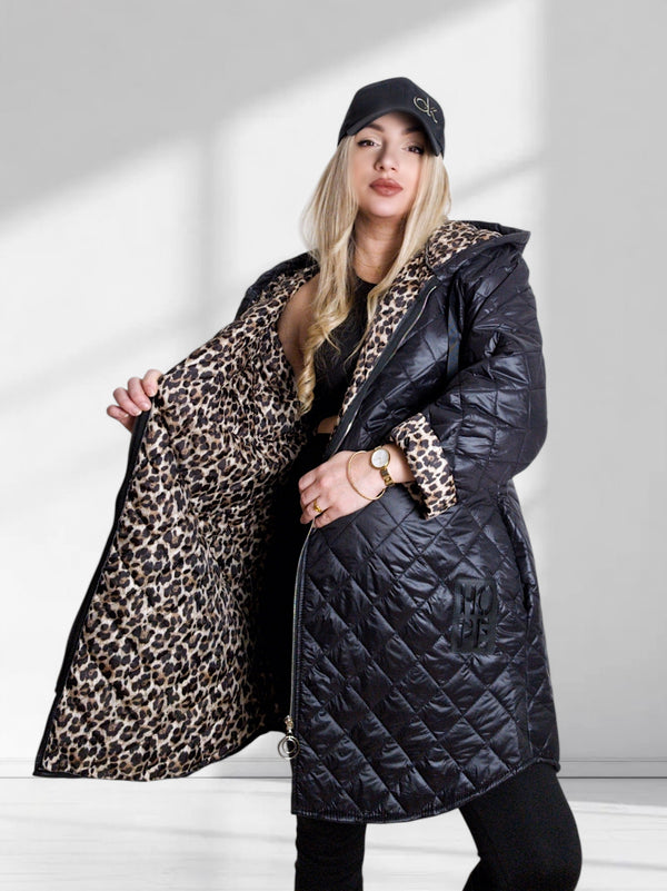 Black Leo detail Oversize Quilted hooded jacket Plus size