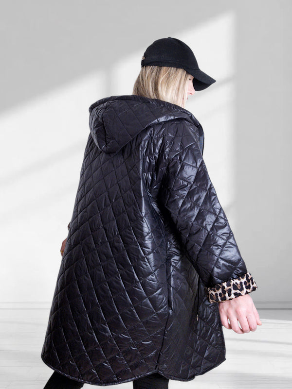 Black Leo detail Oversize Quilted hooded jacket Plus size