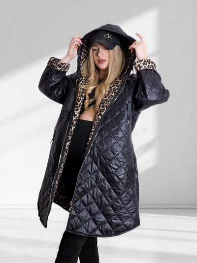 Black Leo detail Oversize Quilted hooded jacket Plus size