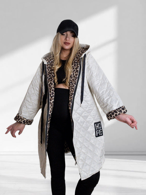 Cream-Beige Leo detail Oversize Quilted hooded jacket Plus size