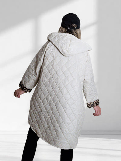 Cream-Beige Leo detail Oversize Quilted hooded jacket Plus size