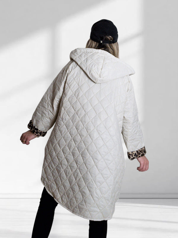 Cream-Beige Leo detail Oversize Quilted hooded jacket Plus size