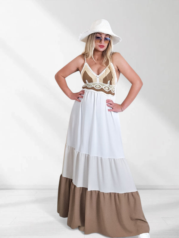 Alice Strappy Crochet Maxi dress Beige