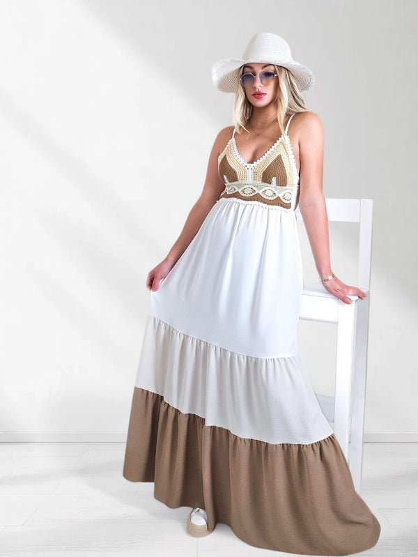 Alice Strappy Crochet Maxi dress Beige