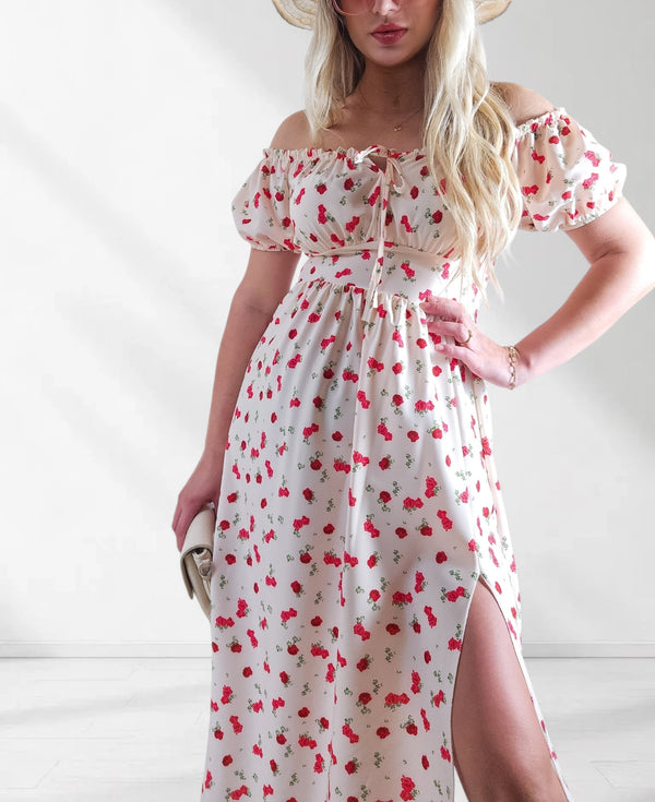 Ailyn Puff sleeve floral Maxi dress Beige