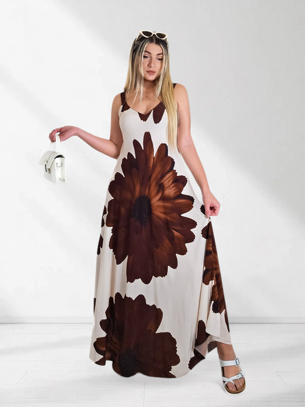 Athena Floral Wide strap Maxi dress Brown