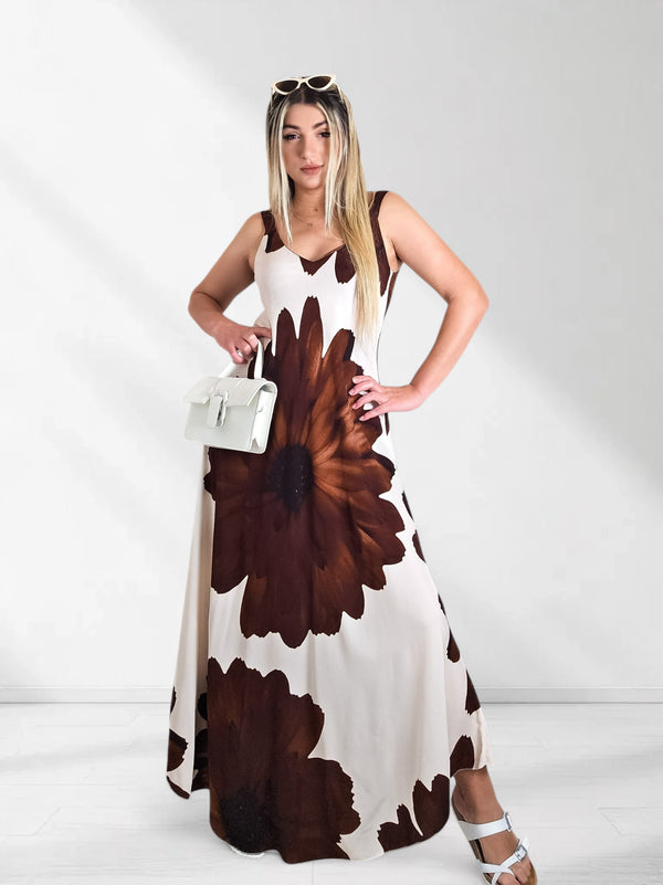 Athena Floral Wide strap Maxi dress Brown