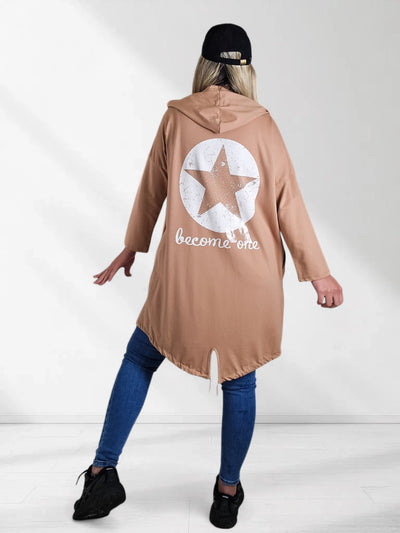 Hooded printed cardigan Star Camel