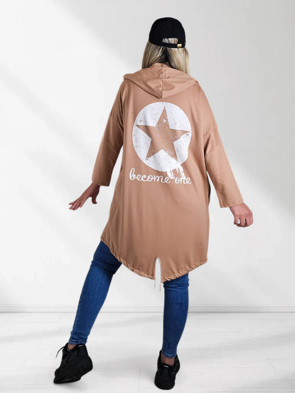 Hooded printed cardigan Star Camel