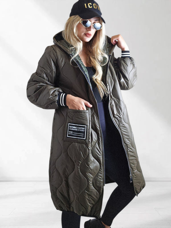Sara Oversize Quilted hooded jacket Khaki
