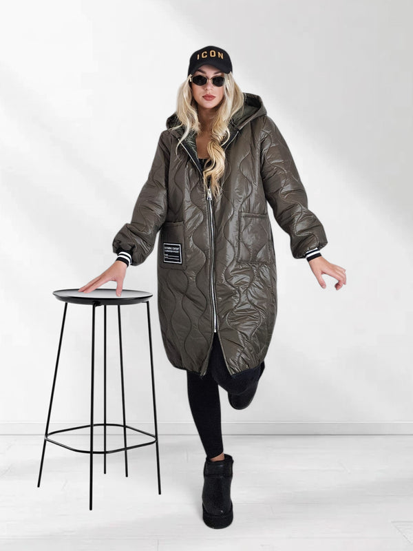Sara Oversize Quilted hooded jacket Khaki