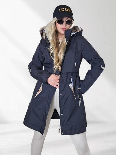 Black hooded check detail parka jacket