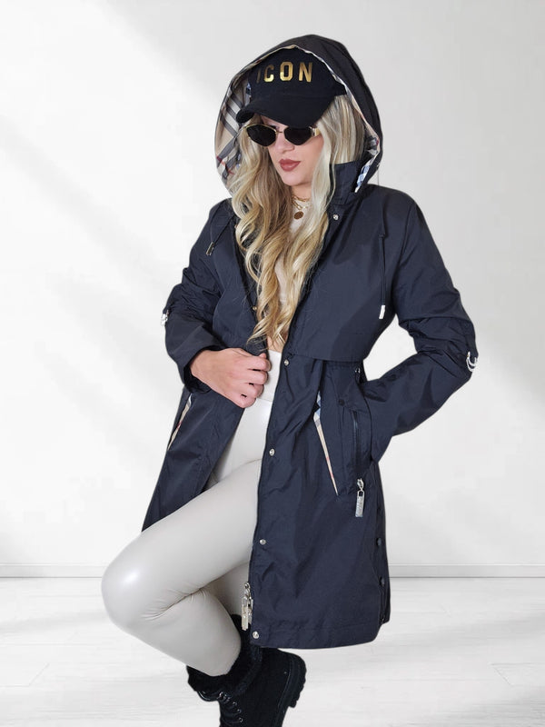 Black hooded check detail parka jacket