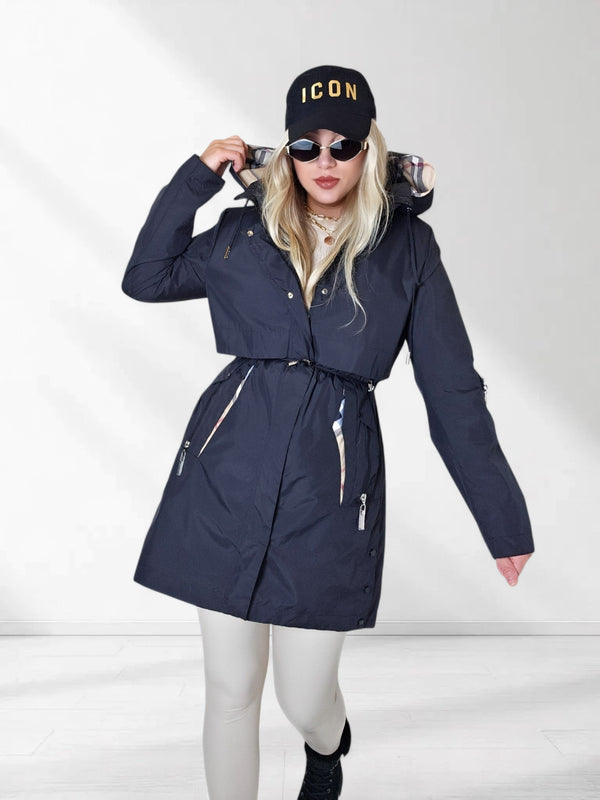 Black hooded check detail parka jacket
