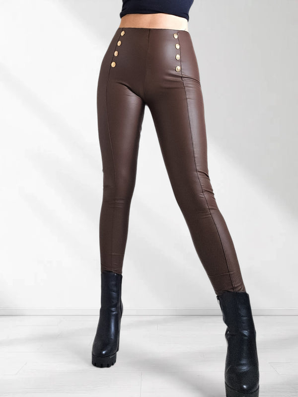 Ella Chocolate Faux leather button Leggings