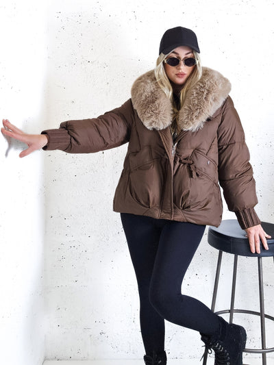 Lucy Faux fur collar puffer jacket Chocolate