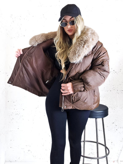 Lucy Faux fur collar puffer jacket Chocolate