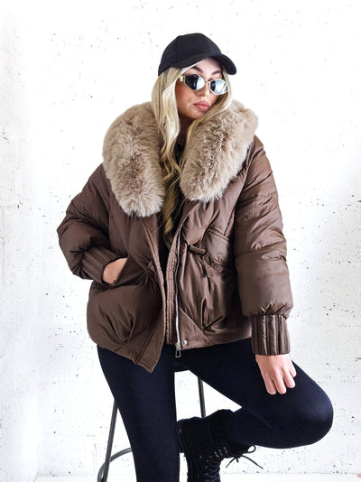Lucy Faux fur collar puffer jacket Chocolate