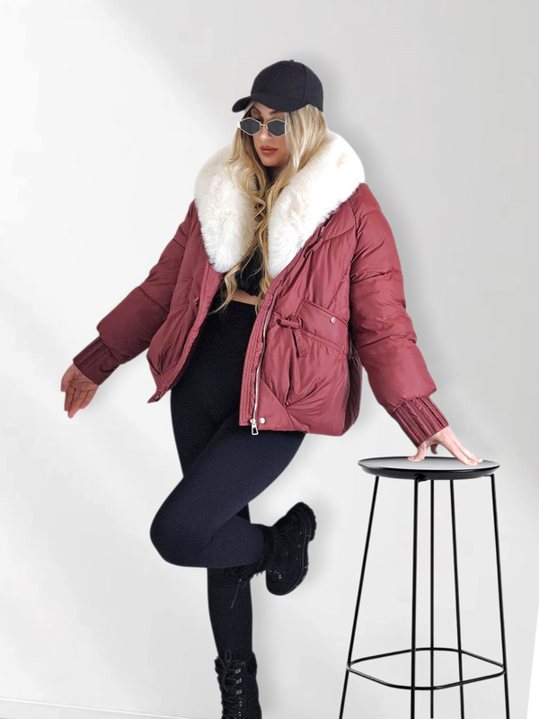 Lucy Faux fur collar puffer jacket Burgundy