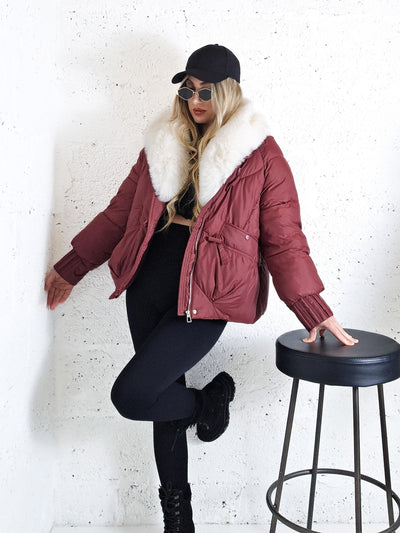 Lucy Faux fur collar puffer jacket Burgundy